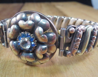 Vintage Bracelet Gold Filled Sterling Lustern Blue Rhinestone Flower Design Expansion Band