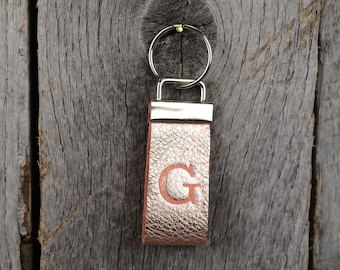 Rose Gold Leather Key Fob with Stamped Initial Monogram Key Chain Custom Personalized Gift for Bridesmaids