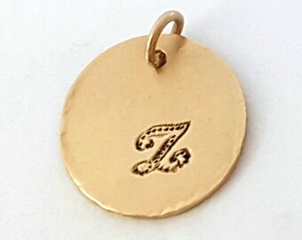 Gold Stamped Pendant, 14K Initial Charm, Personalized Charm, Pendant Charm, Letter Z Stamped Disc, Birthday Gift, Handmade, Venexia Jeweley