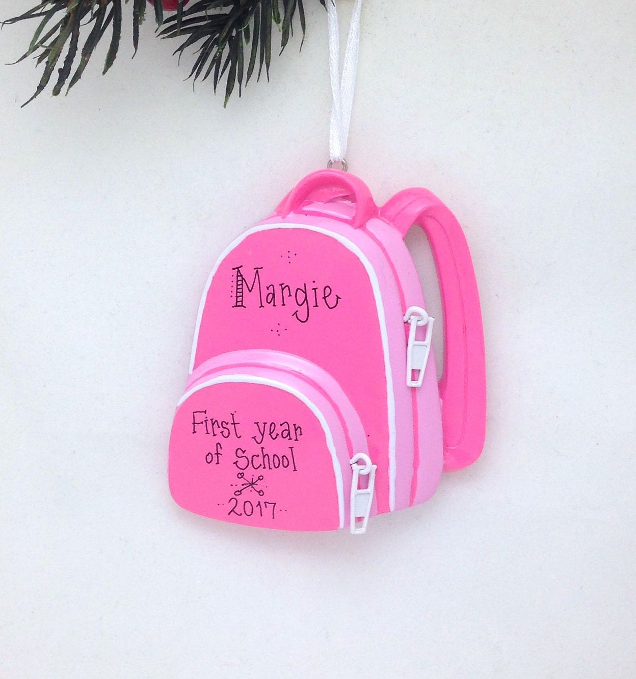 Bright Pink Backpack Personalized Christmas Ornament / First