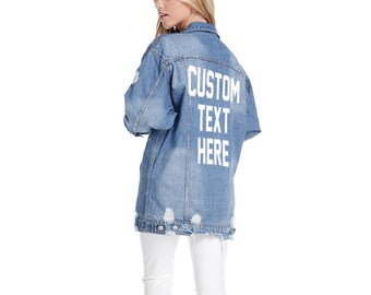 CUSTOM TEXT Long Oversized Denim Jacket Mid-Wash Vintage Inspired and Distressed Outerwear Jacket Distressed Custom Text Denim Jacket