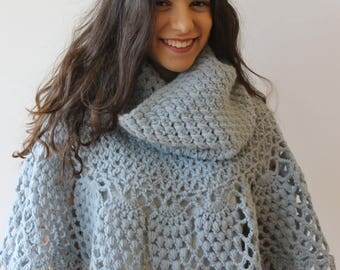 Light blue poncho coordinated with neck warmer Women's poncho Boho chic hand crocheted