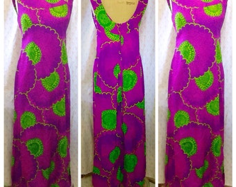 Spectacular 1960's/70's Malihini Hawaiian magenta and green floral cotton/washable acrylic maxi gown/showstopper/aloha/patio/hostess dress