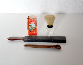 Vintage french barber kit : cut Throat Razor LERESCHE FRANCE with leather case + sharpener + shaving brush GIBS + soap