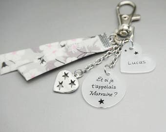 porte clé liberty cabochon "Et si je t'appelais Marraine" + prénom enfant - cadeau personnalisable - godmother gift
