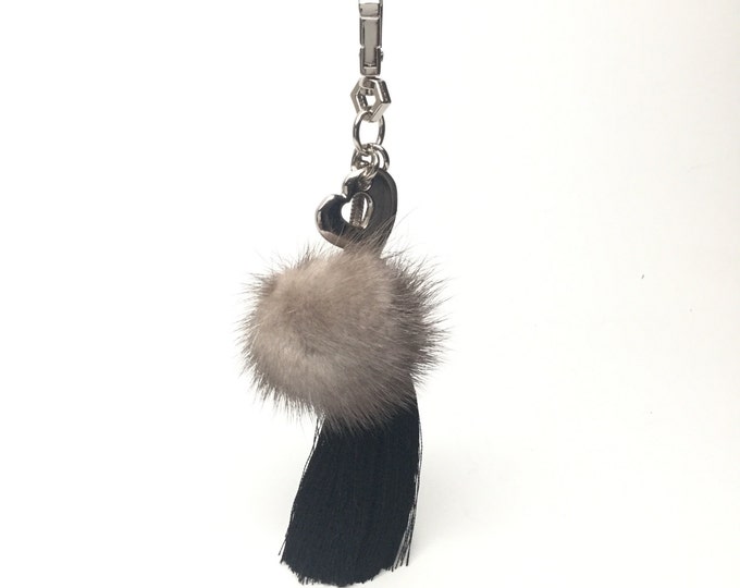 Cute Genuine Mink Fur Pom Pom Keychain bag charm with tassel and heart charm in Gray