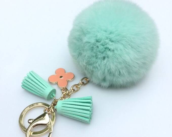Candy Green Rex Rabbit Fur Pompon bag charm pendant Fur Pom Pom keychain with flower charm and tassels