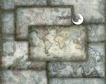 Vintage Maps, Digital Paper, 8.5x14 Blue Distressed Maps, Europe Maps, Asia, Africa, America Maps, Old World Maps, Antique Maps, CU 00050