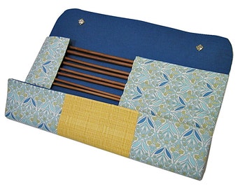Large knitting needle case, blue and yellow, knitting needle organiser, needles holder, knitting, knitting needles