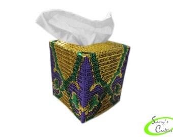 Tissue Box Cover - Mardi Gras - Fleur de Lis - Purple, Gold, and Green - Fat Tuesday - Sequin - House Decor - Office Decoration - Sparkle