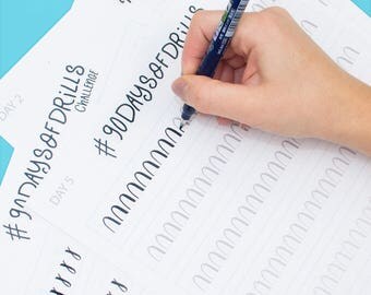 90 Brush calligraphy practice worksheets, a 90 day challenge. practice drills, alphabet and numbers for brush pen lettering.