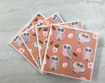Drinks Coasters, Set of 4 Coasters, Drink Coasters, Owl Coasters, Owl Decor, Tile Coasters, Ceramic Coasters, Coaster Set, Coasters