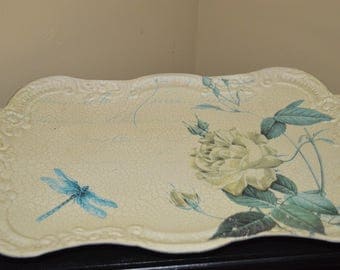 Dresser tray / catch-all / ivory / tin / floral / dragonfly / foliage / green / perfumes / hairbrush / jewelry / bedroom / bureau tray