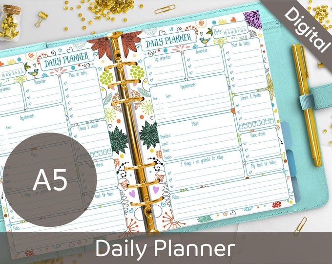 A5 Daily Planner Printable, Filofax A5 size printable refills, Syasia Cute Floral Day Organizer, DIY Planner Pages PDF Instant Download