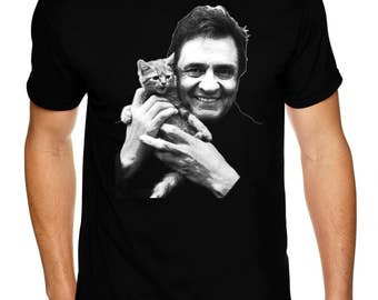 Johnny Cash With Kitten - Premium Sueded T Shirt