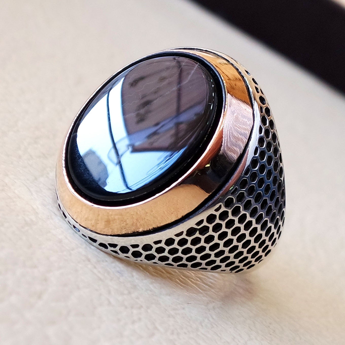 turkish men ring black onyx agate aqeeq flat stone sterling