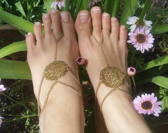 Boho tribal barefoot sandals, tribal anklet foot chain, foot jewelry bohemian chain, gold anklet, gold foot thong slave anklet gypsy jewelry
