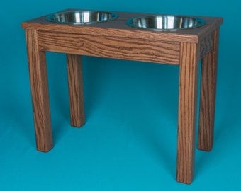 Elevated Dog Feeder 16", Two Stainless Steel 2 Quart Bowls, Solid Oak Wood