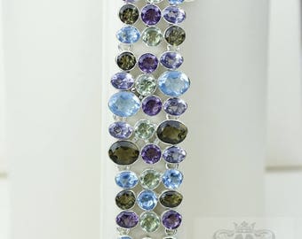 IRRADIATED Blue Topaz Smokey Quartz Amethyst PRASIOLITE 925 S0LID Sterling Silver Bracelet B2420