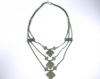 Carved Jade necklace, Vintage handmade necklace, Hand carved green jade, flower necklace, multilayer necklace, vintage three layers jade