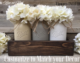 Table Decor, New Home Gift, Wedding Gift, Mason Jar Centerpiece, Planter Box with 3 Quart Mason Jars, Flower Arrangement,Rustic Home Decor
