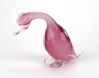Italian Archimede Seguso pink alabastro Murano duck ornament - pink and clear vintage glass figurine