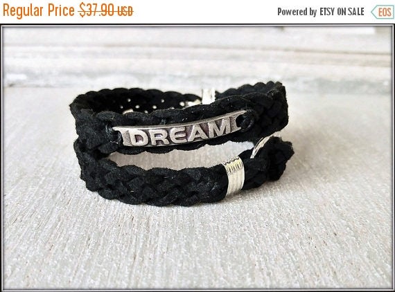 Free Shipping - Mens Quote Bracelet, Men Leather Bracelet, Unisex Wrap Bracelet, Quote Wrap Bracelet, Dream Leather Bracelet, Mens Braided W
