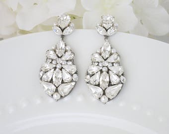 Statement wedding earring, Swarovski crystal and pearl chandelier, Unique teardrop bridal earring, One of a Kind rhinestone post earring