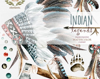 Indian legends. Watercolor Headdresses Clipart, Warbonnet, Indian ax, Tribal, Feathers, Boho, Native America, laurel branch DIY, quote, png