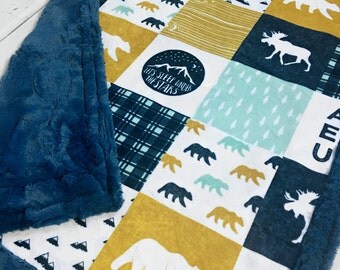 Happy Camper Baby Blanket - Designer Faux Quilt - Poseidon Blue