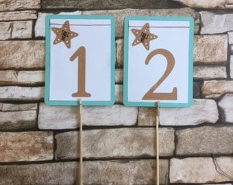 Mermaid/Starfish Color Wedding Table No.Cards, Turquiose and Brown Wedding Table No.Cards, Beach Wedding Table No.Card,
