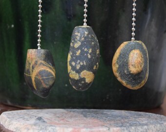 Stone Ceiling Fan Pull, Black / Beige Rock Fan Pull, Michigan made fan pull, Lake Superior stone chain pull, light pulls