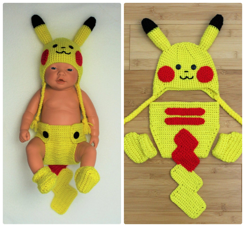 Crochet Pikachu hat diaper cover set. Pokemon hat diaper