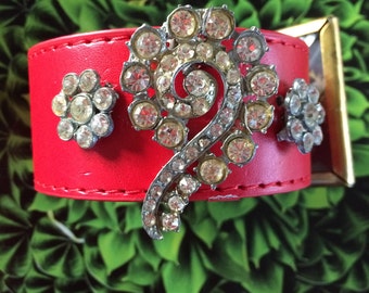 Will you marry me? Antique Dress Clip/Earrings Red Leather Cuff