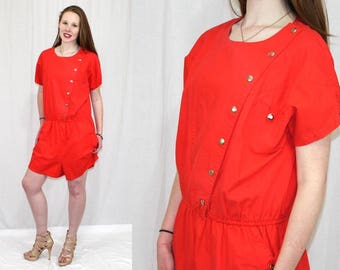 Vintage 80s Red Cotton Asymmetrical SNAP Blouson Retro ROMPER Shorts Jumpsuit L