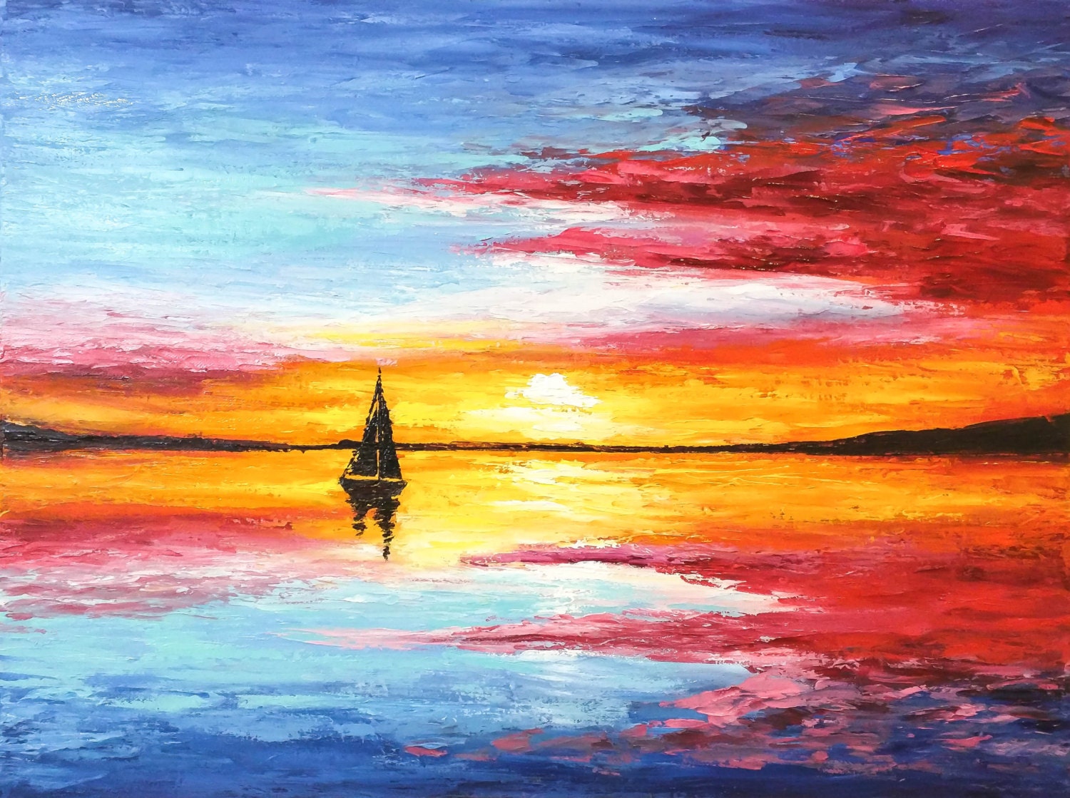 Sunset painting Palette knife Seascape art Oil by NiksPaintGallery