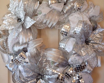 White and Silver Poinsettia Snowball Mesh Christmas Wreath with Ornaments; Holiday Decor Wreath; Winter Decor Wreath; Christmas Door Decor