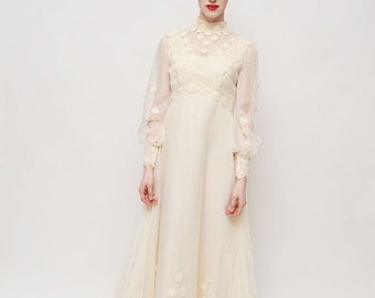 Vintage 70s Wedding Dress - Creme, Long Sleeved, Train, Wedding Gown, Sheer, High Neck