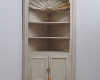 Vintage Custom Made Italian Distressed Shell Carved Corner Cabinet Hutch B
