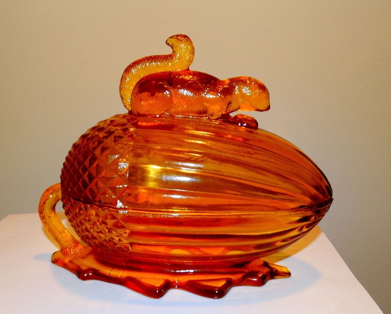 Vintage Amber Glass Squirrel and Acorn Covered Dish Squirrel