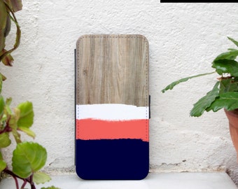 iPhone 6 plus wallet - Available for iPhone 6s plus, iPhone 7 plus, iPhone SE - wood print - brushstrokes - navy, coral iphone wallet case