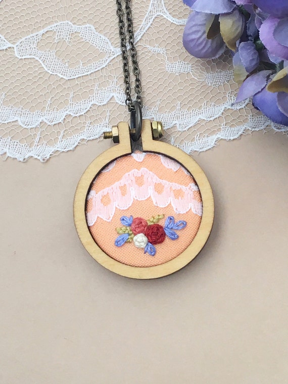 Mini Embroidery Hoop Necklace Vintage Lace Trim Boho