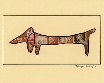 FREE SHIPPING ; Picasso 's Sausage dog Lump - Unique hand-made collage from different cancelled vintage postage stamps.