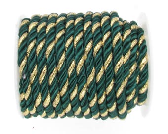 5mm Round Green and Gold Twisted Polyester and Satin Cord, Semi-soft Cord,Twisted Designer Cord sold in Lengths of 2 Meters / 2.2 Yards