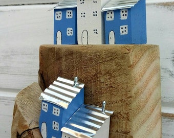 Miniature Village* Little Wooden Houses*Home Decor*Home Living*Wooden Ornament*Driftwood*Bunting* Handmade* Painted*recycled*Gift for Her*