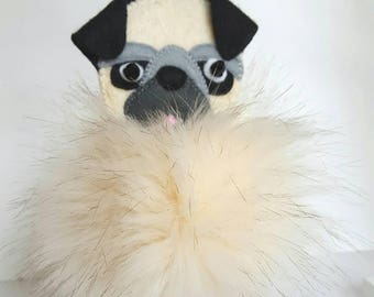 Pug pom pom, Bag hanger, Furry pug key ring, Pet memorial keepsake, purse charm Pug lover gift, Bag charm, Mum gift Dog lover, gift for her