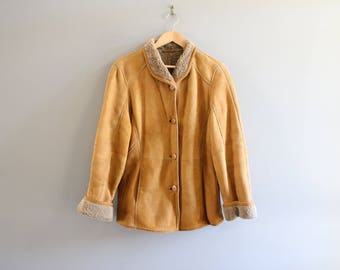 Genuine Leather Shearling Coat Slouchy Tan Brown Suede Jacket Lambskin Coat Boho Hippie Vintage 80s Size L #O202A