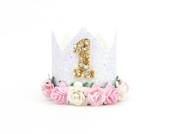 First Birthday Crown | 1st Birthday Girl Outfit for Cake Smash | Baby Girl First Birthday Outfit | 1st Birthday Hat | white Baby Pink