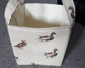 Large Fabric Storage Basket. Lovely Countryside Print with Mallard Ducks on Beige Background. 100% Cotton
