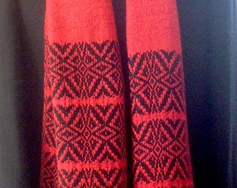 Scarf, handwoven, red silk and black wool.